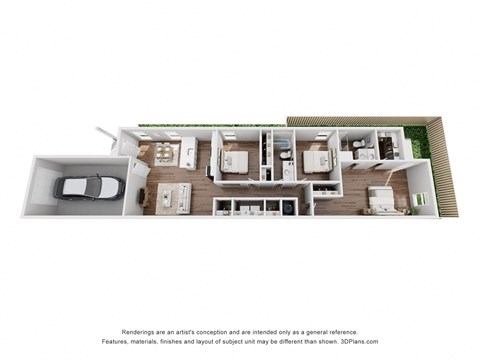 A 3D floor plan of a house with a kitchen, living room, and two bedrooms.